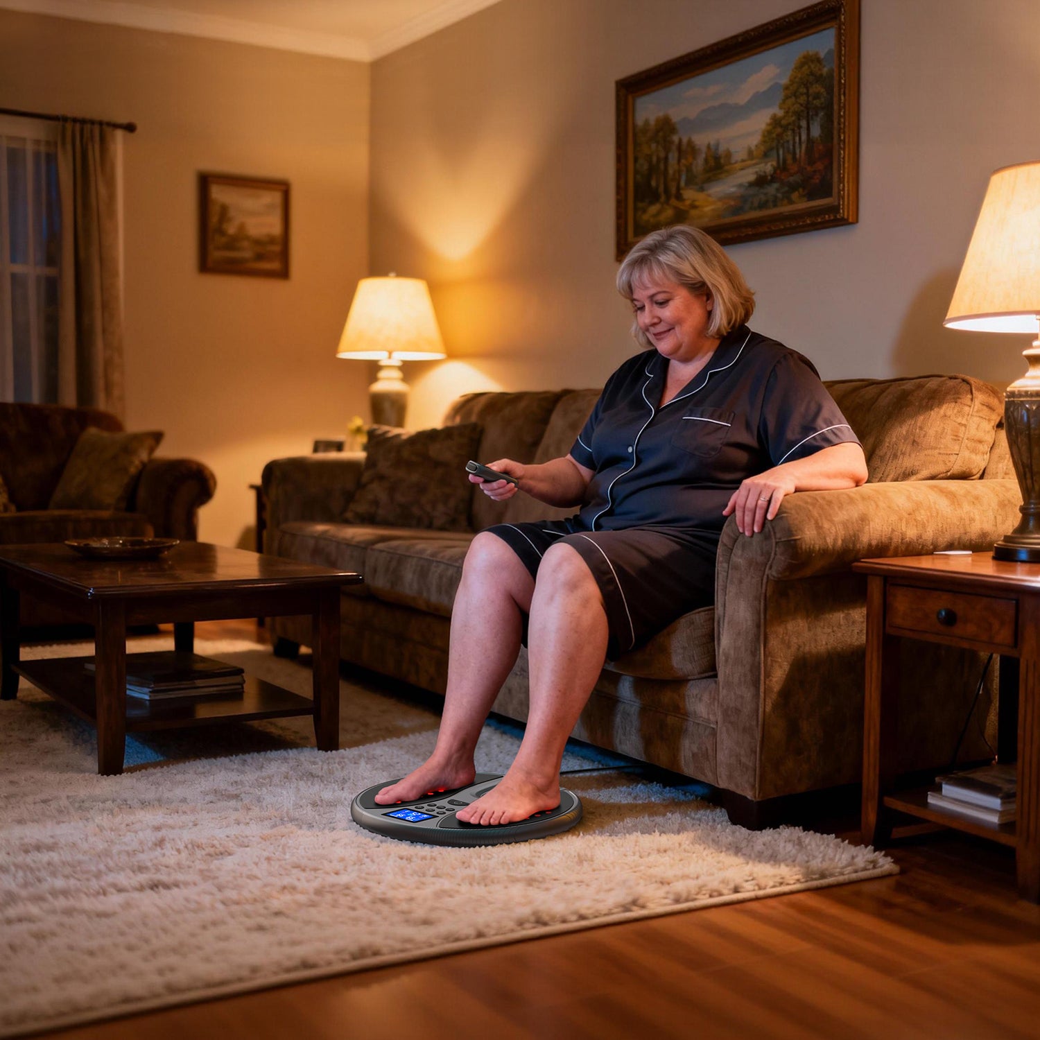 Welliawell WY-360 EMS foot stimulator for a relaxing seated foot care routine at home