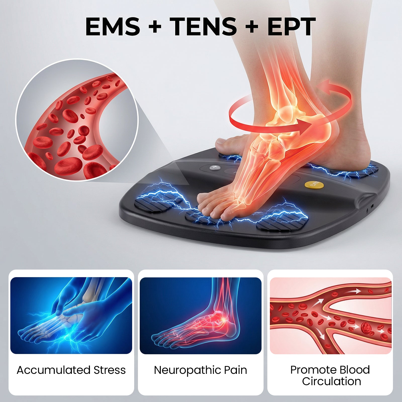 Welliawell SoleGrid black foot stimulator with an illustrated electrical-stimulation graphic