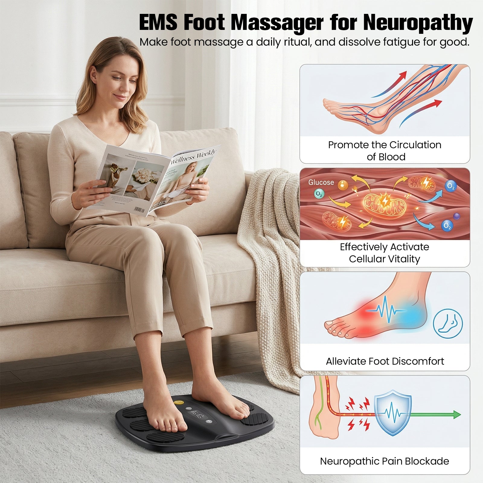 Welliawell SoleGrid black foot stimulator in a seated home-use scene