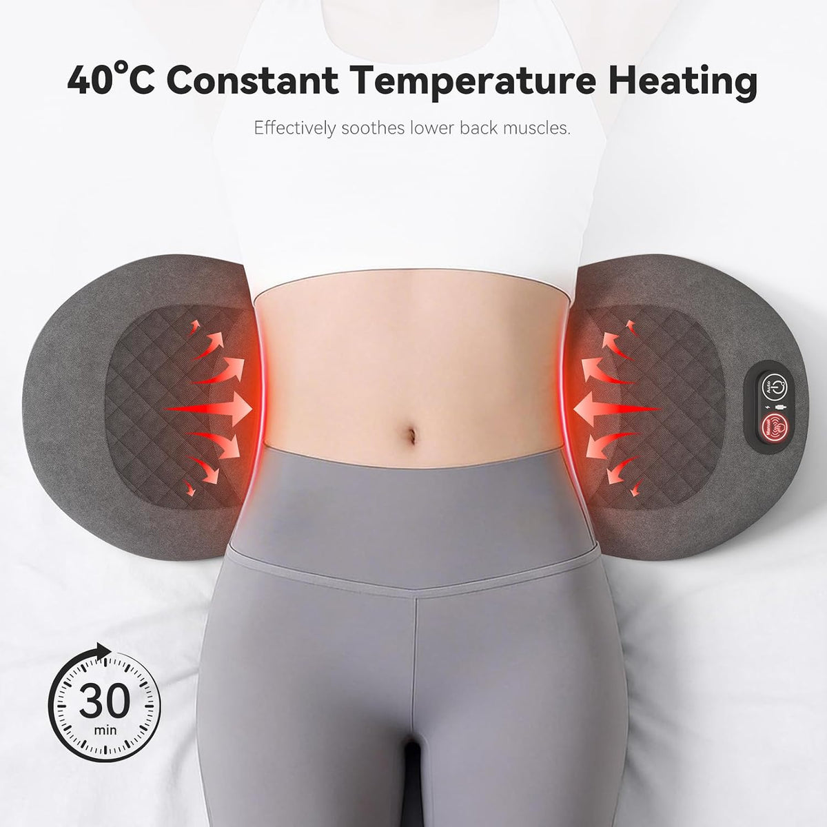 BackEase lumbar traction pillow positioned under the lower back with heat illustration