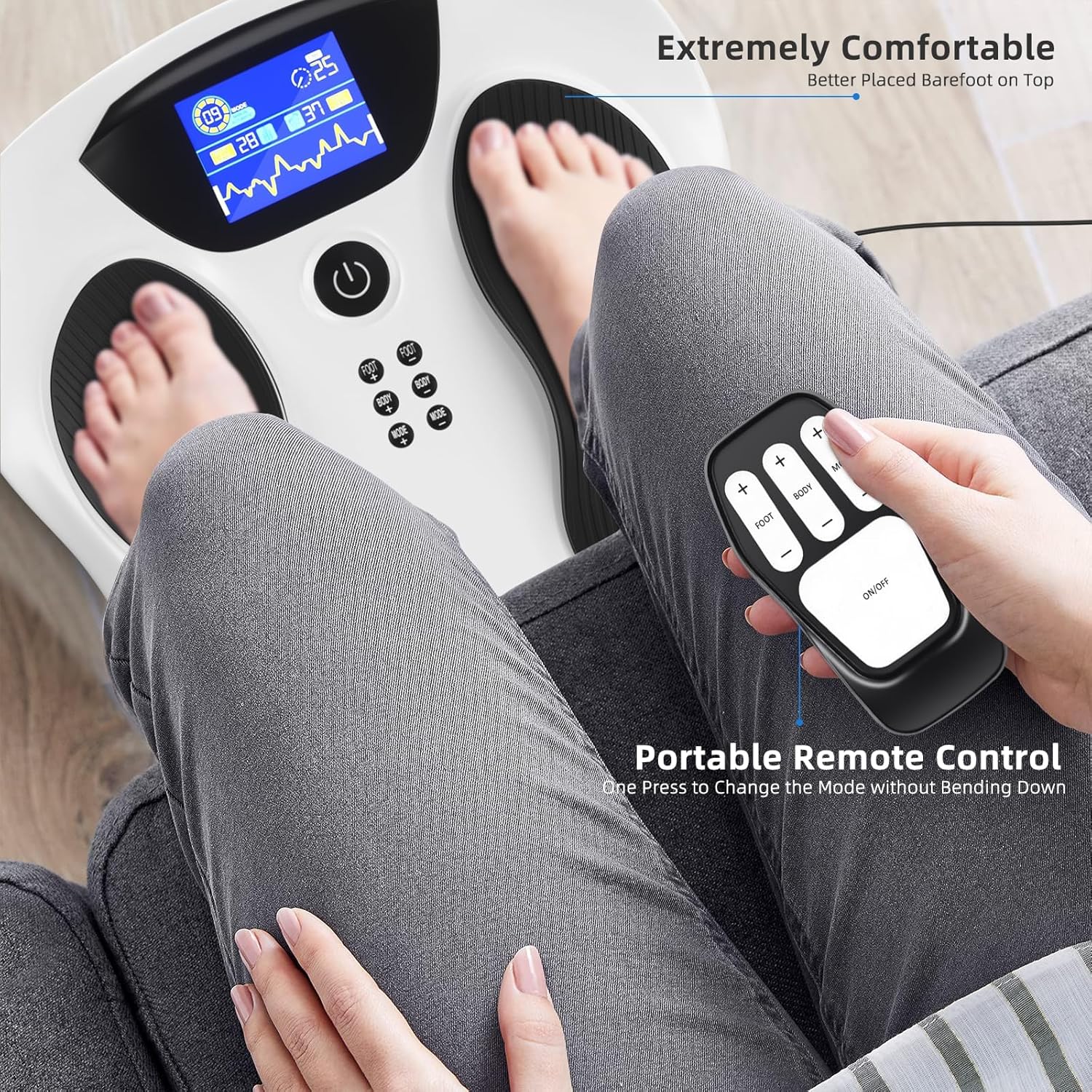 Welliawell WY-300T EMS and TENS foot stimulator control panel and setup details