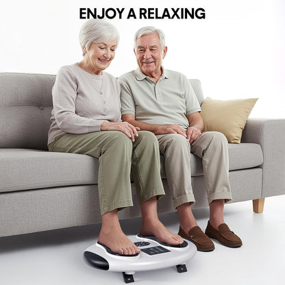 Person using the Welliawell WY-365 EMS foot stimulator during a seated home routine