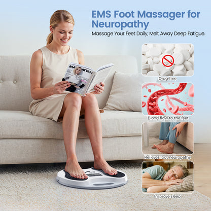 Person using the Welliawell WY-375 cordless EMS foot stimulator during a seated daily routine