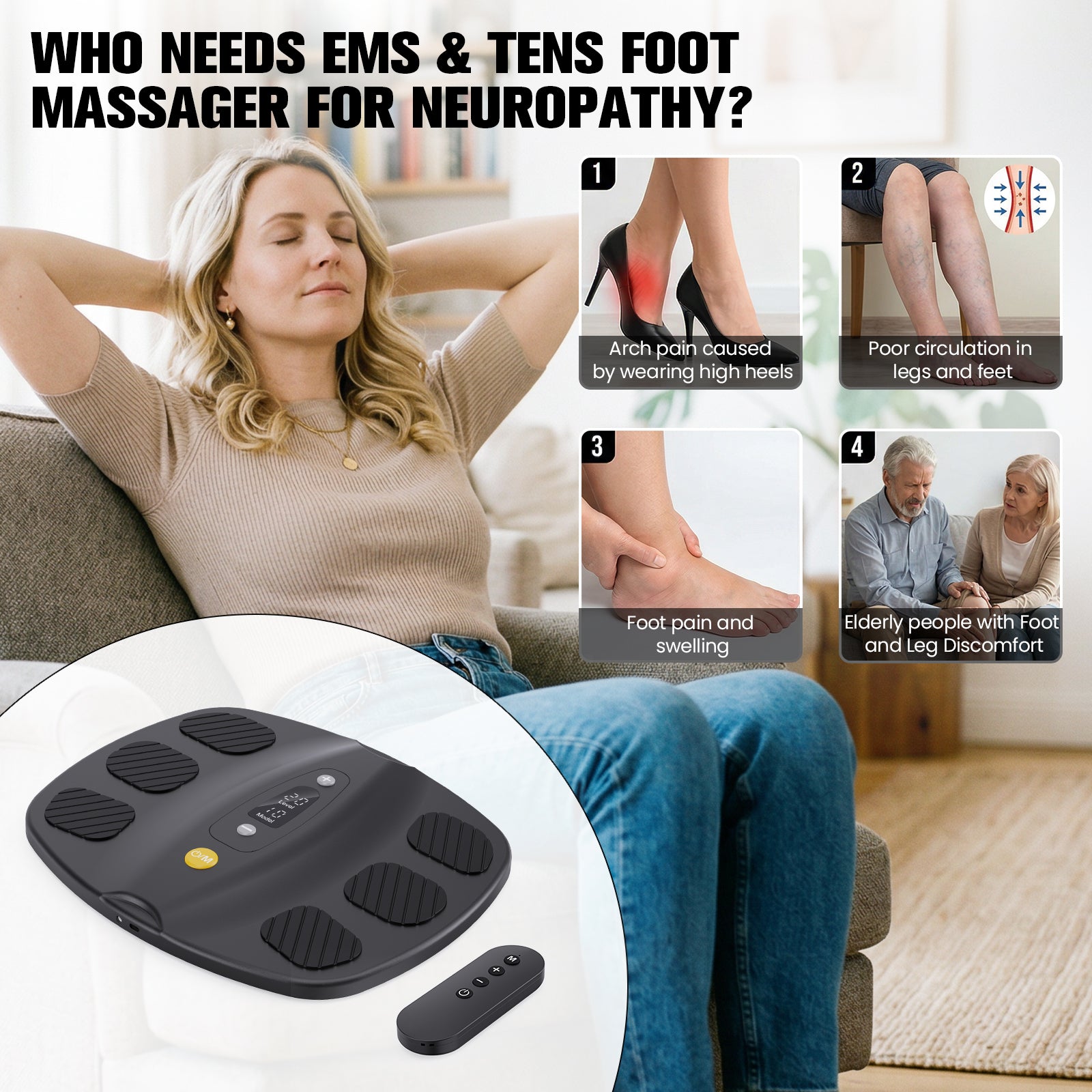Welliawell SoleGrid black foot stimulator shown in at-home seated-use scenes