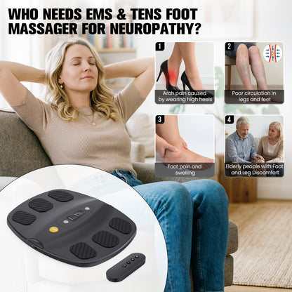Welliawell SoleGrid black foot stimulator shown in at-home seated-use scenes