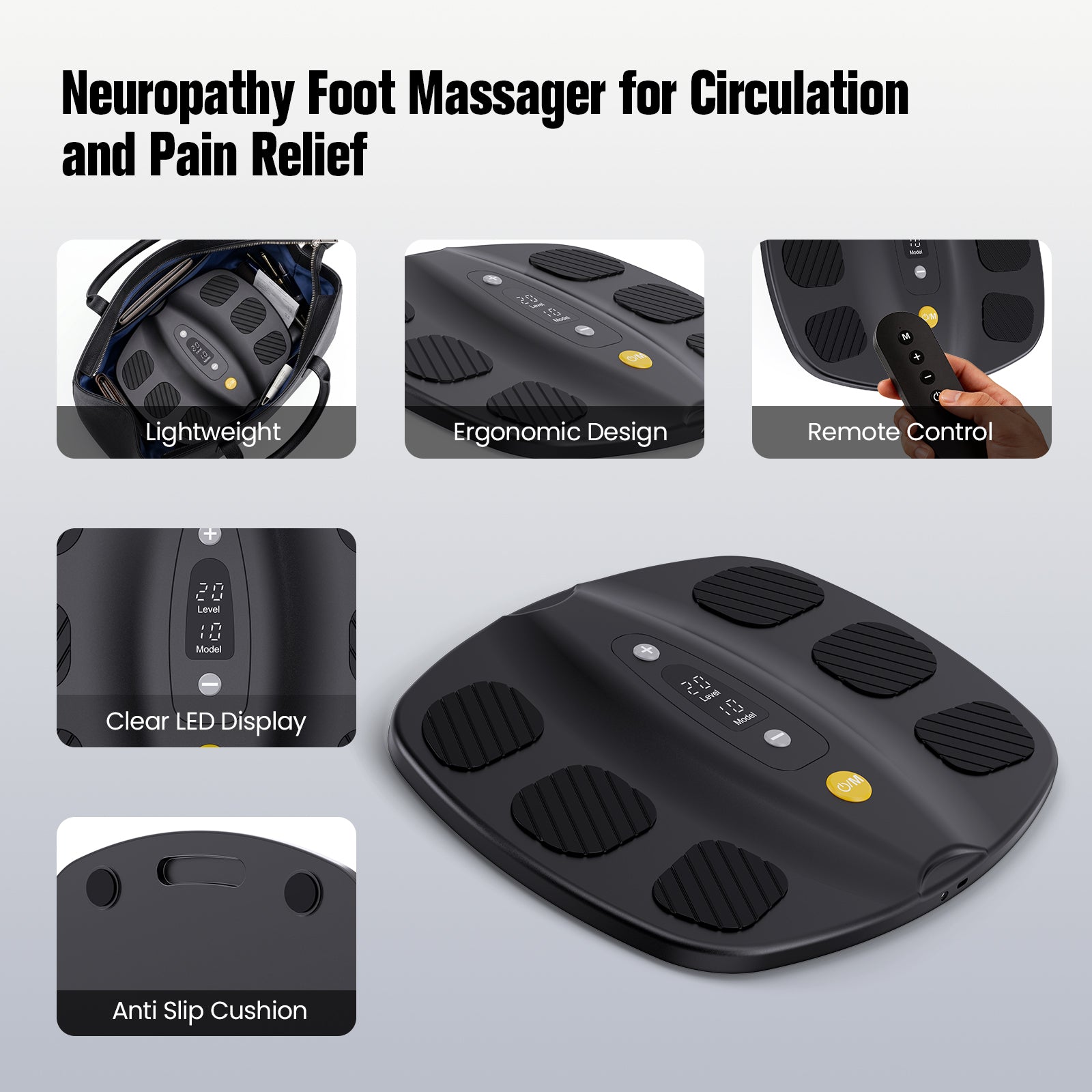 Welliawell SoleGrid black foot stimulator with close-up views of the display, remote, and platform