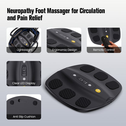 Welliawell SoleGrid black foot stimulator with close-up views of the display, remote, and platform