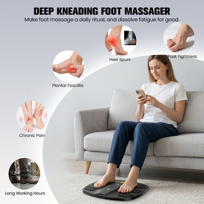 Welliawell SoleGrid black foot stimulator shown across everyday seated-use scenarios