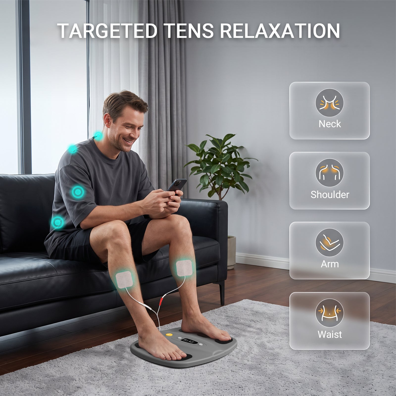 Welliawell SoleGrid grey foot stimulator shown with reusable body electrode pads