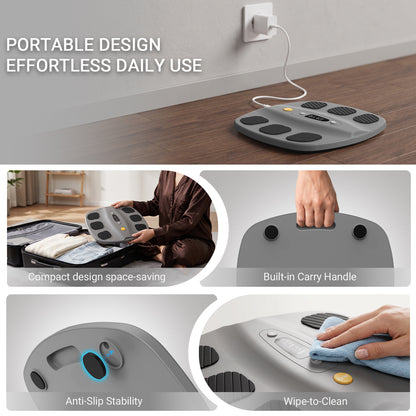 Grey SoleGrid foot stimulator showing carry-handle, anti-slip, and wipe-clean design details