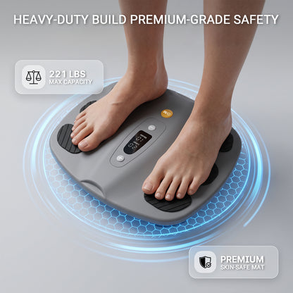 Bare feet positioned on the grey SoleGrid foot platform