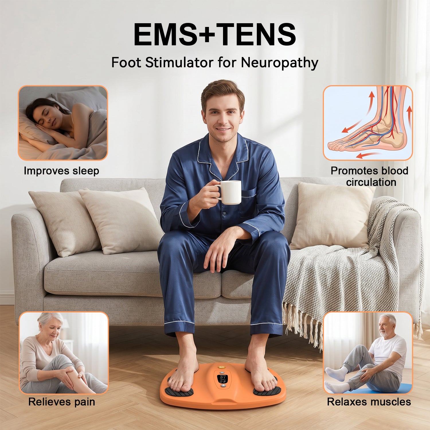 Welliawell SoleGrid orange foot stimulator in a seated home-use scene