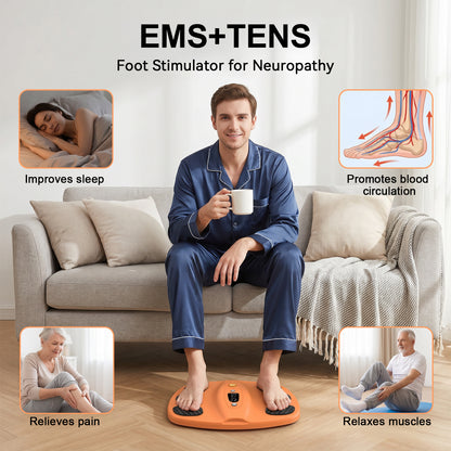 Welliawell SoleGrid orange foot stimulator in a seated home-use scene
