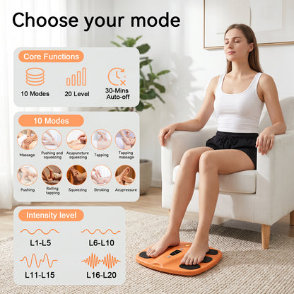 Orange SoleGrid foot stimulator shown with mode and intensity controls