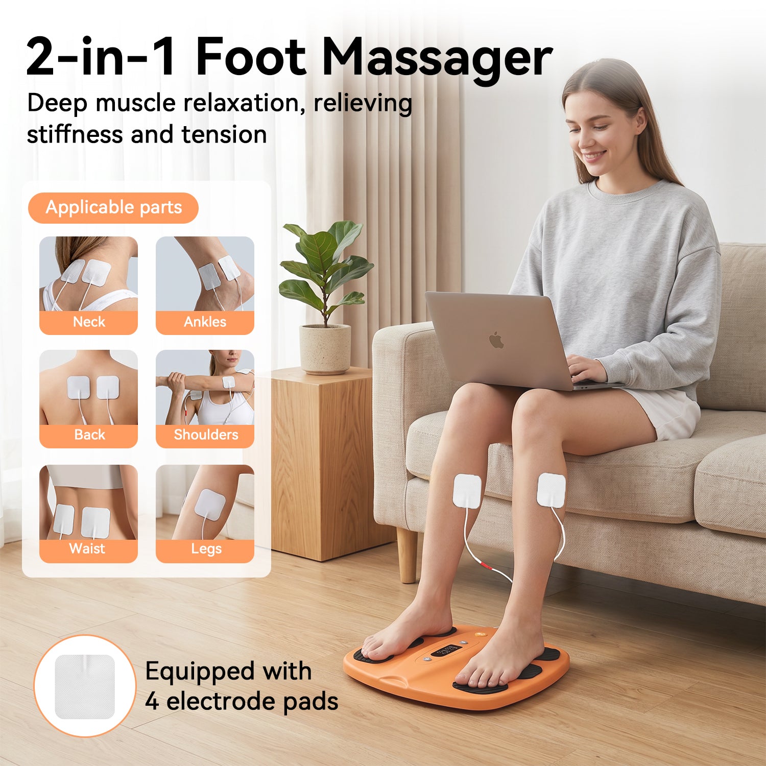 Welliawell SoleGrid orange foot stimulator shown with four reusable electrode pads
