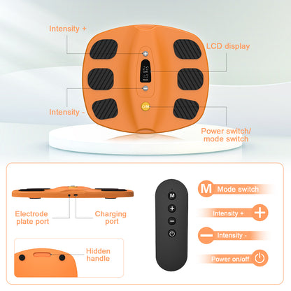 Orange SoleGrid foot stimulator showing onboard controls, remote control, and connection ports