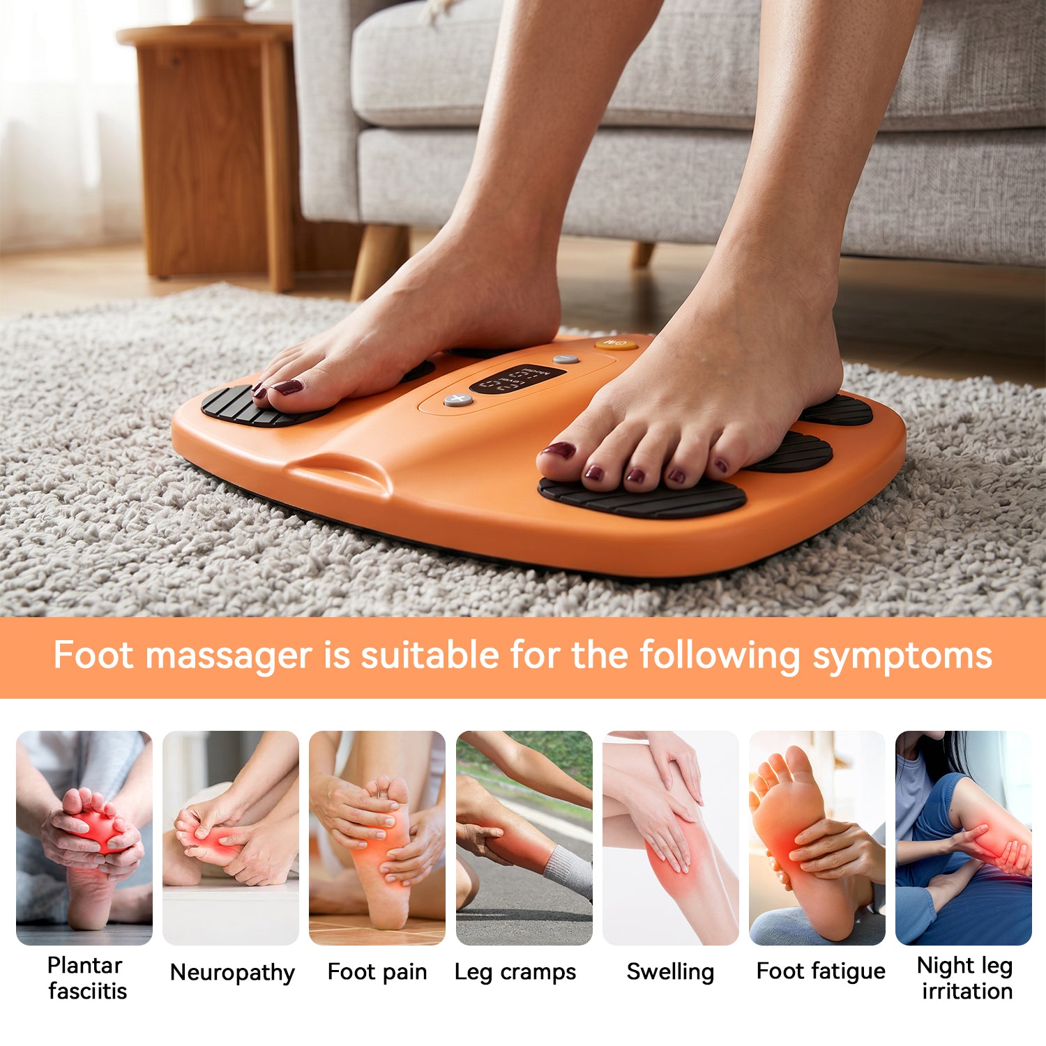 Bare feet positioned on the orange SoleGrid foot platform