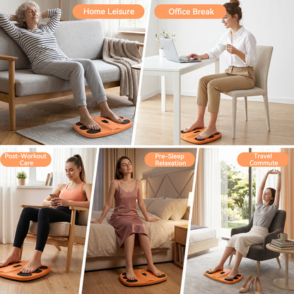 Welliawell SoleGrid orange foot stimulator shown in several at-home seated-use scenes