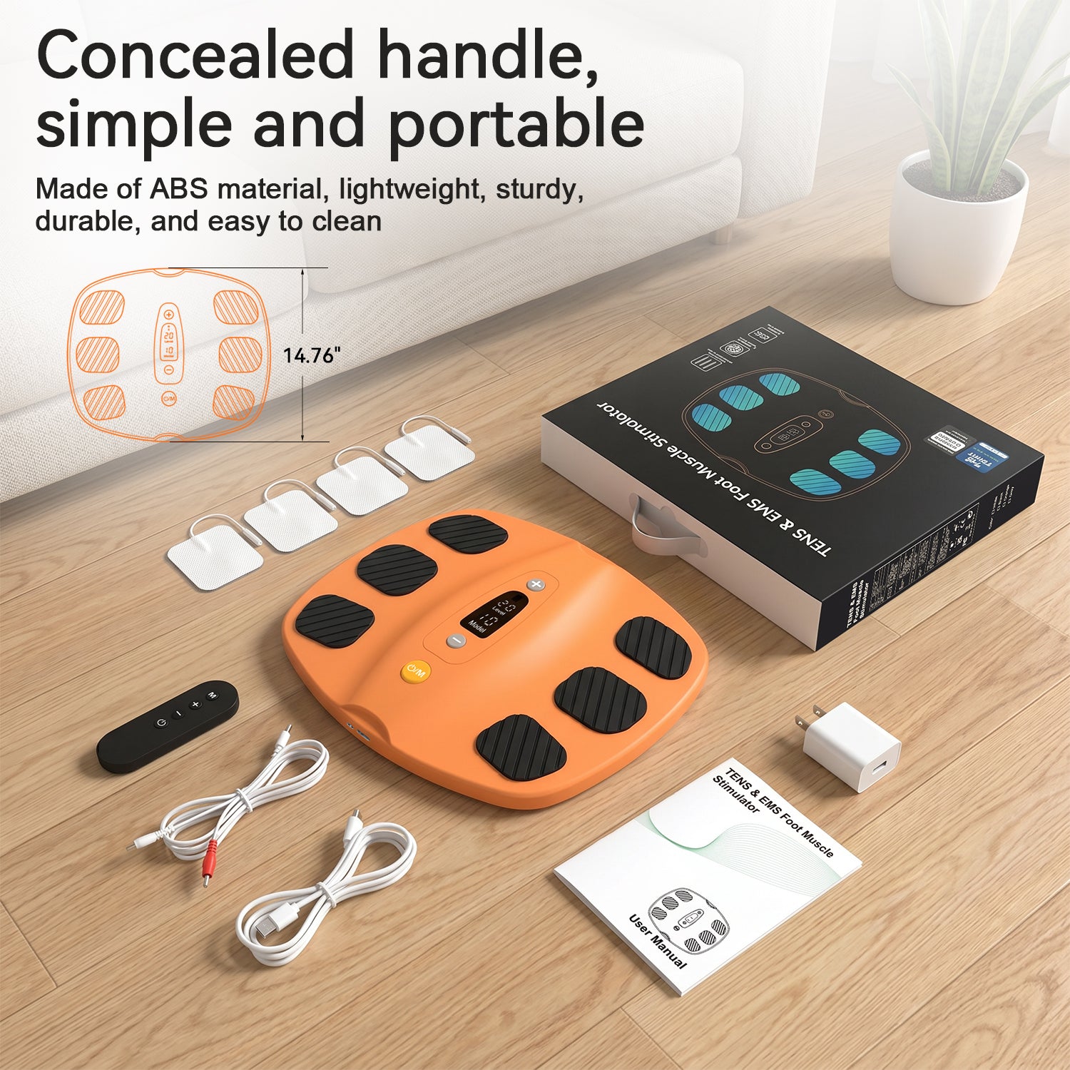 Orange SoleGrid foot stimulator shown with remote, electrode pads, cables, adapter, and user manual