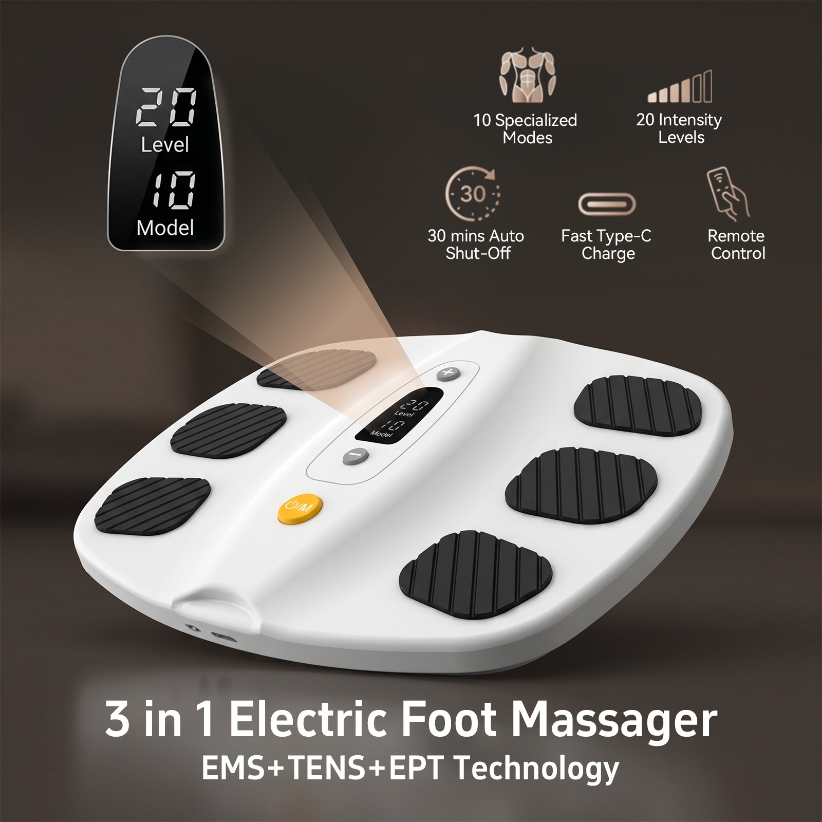 Welliawell SoleGrid white foot stimulator shown with remote control and key control features