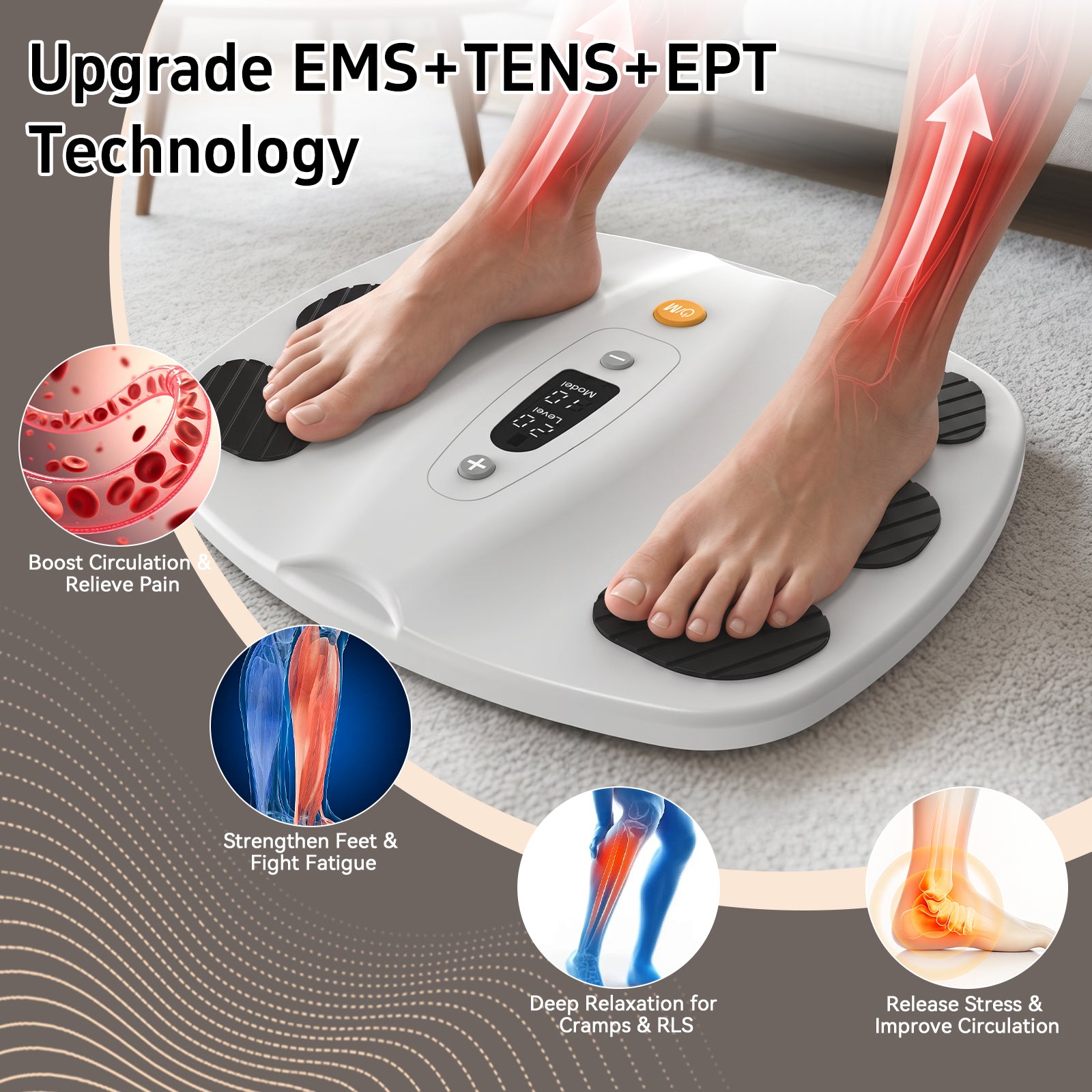 Bare feet positioned on the white SoleGrid foot platform with an electrical-stimulation illustration