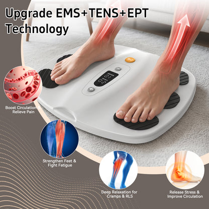 Bare feet positioned on the white SoleGrid foot platform with an electrical-stimulation illustration