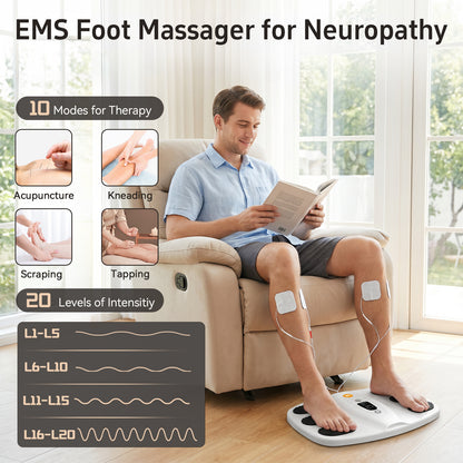 Welliawell SoleGrid white foot stimulator in seated home use with reusable electrode pads
