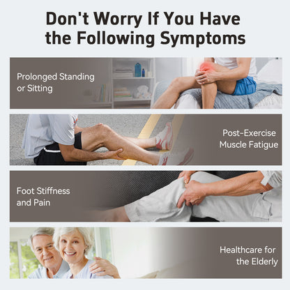 Welliawell SoleGrid white foot stimulator shown across everyday seated-use scenarios