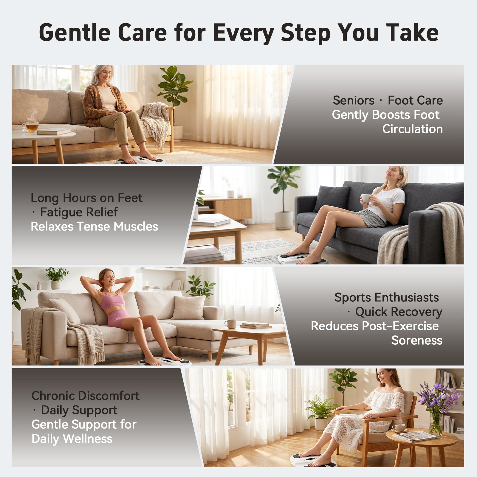 Welliawell SoleGrid white foot stimulator shown in a range of home-use settings